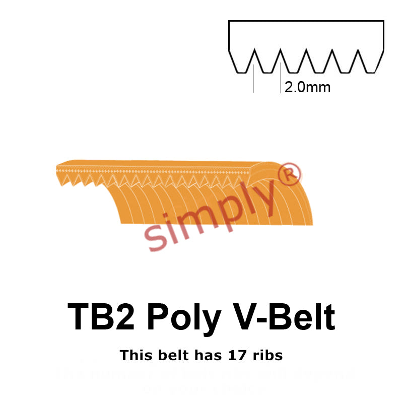 TB2-380 Megadyne Megarib Polyurethane Poly V-Belt 380mm/15 inch Length - 17 Ribs - Allow 2-3 Days