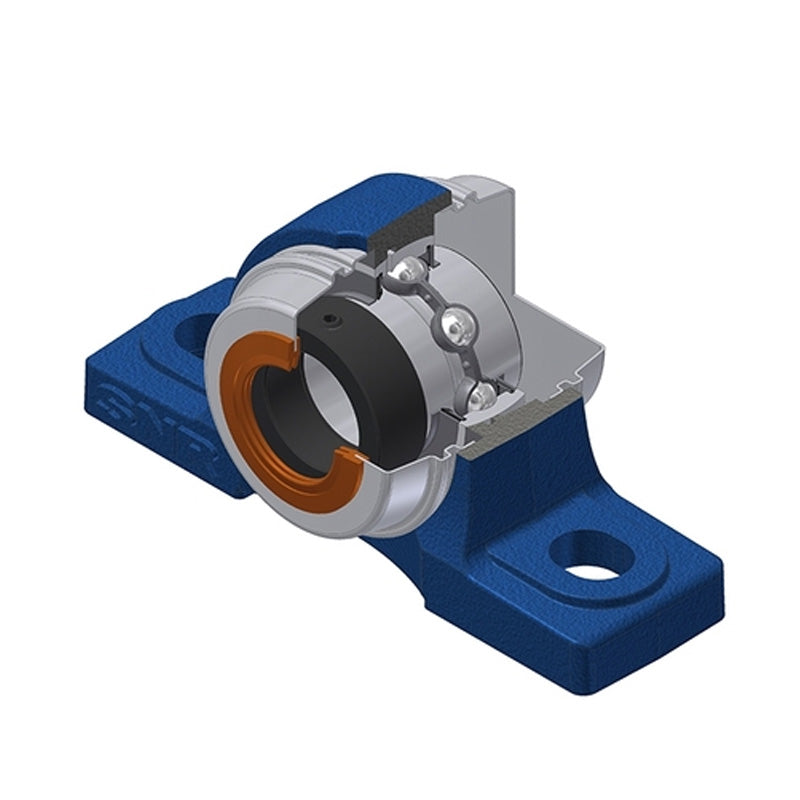SNR EXP207COE Metric Cast Iron Two Bolt Pillow / Plummer Block Housing with 35mm Eccentric Collar Insert with Wide Steel Plate Cover - Open Version - Allow 2-3 Days