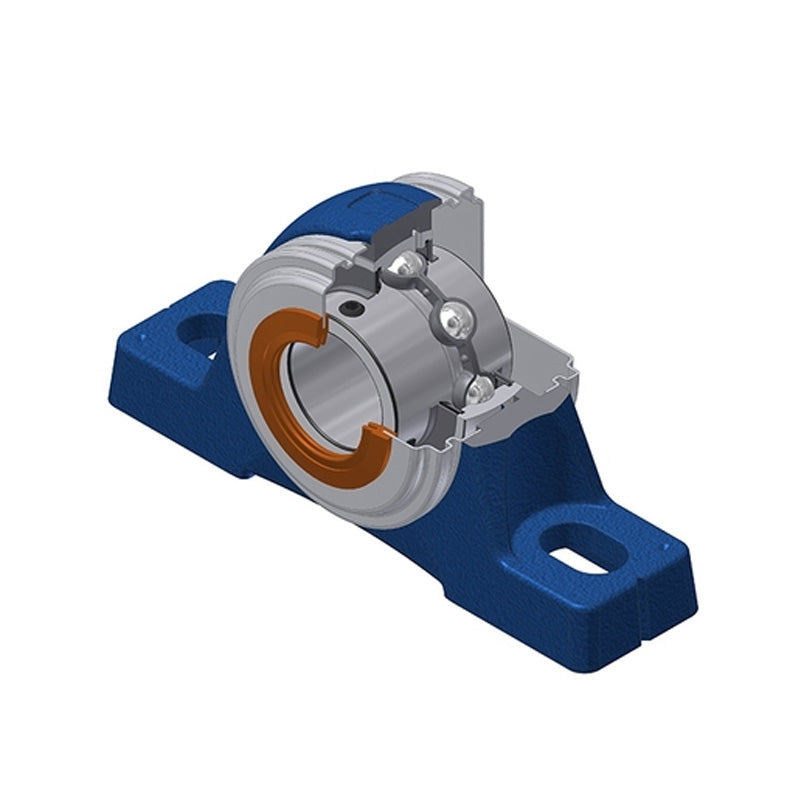 SNR UCPE213CO Metric Cast Iron Two Bolt Pillow / Plummer Block Housing with 65mm Bore Insert with Narrow Steel Plate Cover - Open Version - Allow 2-3 Days