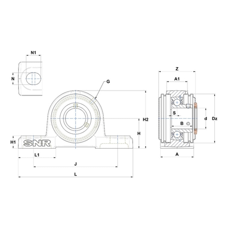 SNR USP210CC Metric Cast Iron Two Bolt Pillow / Plummer Block Housing with 50mm Bore Insert with Narrow Steel Plate Cover - Closed Version - Allow 2-3 Days