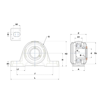 SNR USPE212CC Metric Cast Iron Two Bolt Pillow / Plummer Block Housing with 60mm Bore Insert with Narrow Steel Plate Cover - Closed Version - Allow 2-3 Days