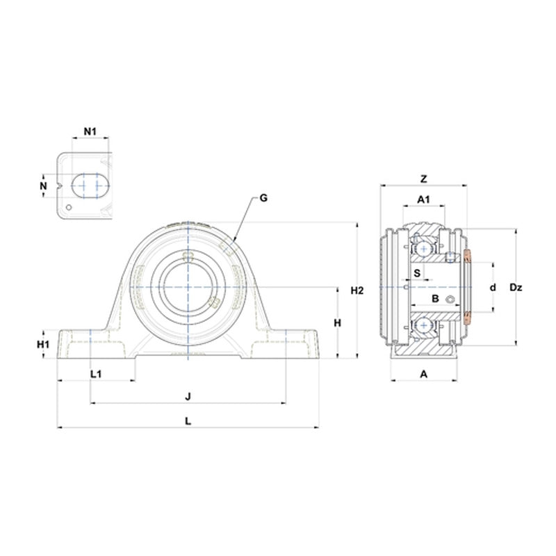 SNR USPE202CO Metric Cast Iron Two Bolt Pillow / Plummer Block Housing with 15mm Bore Insert with Narrow Steel Plate Cover - Open Version - Allow 2-3 Days