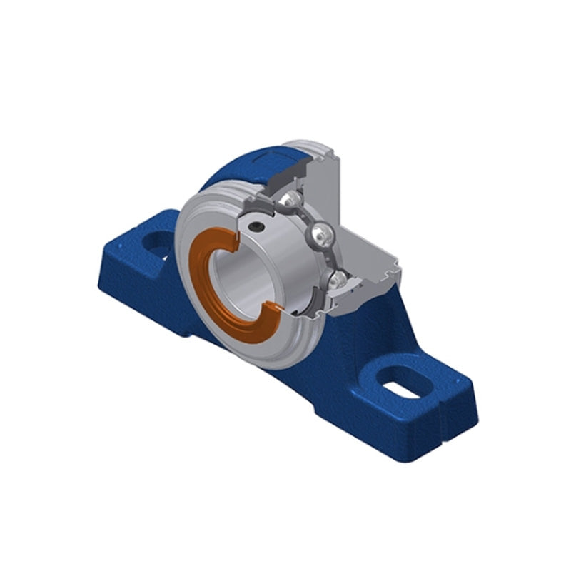 SNR USPE206CO Metric Cast Iron Two Bolt Pillow / Plummer Block Housing with 30mm Bore Insert with Narrow Steel Plate Cover - Open Version - Allow 2-3 Days