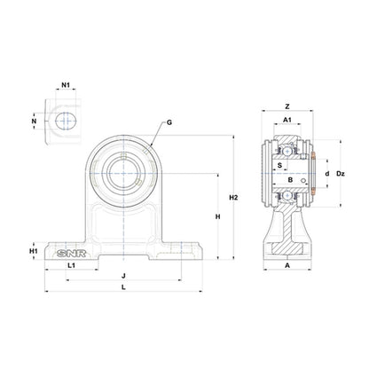 SNR USPH209CC Metric Cast Iron High Centre Height Two Bolt Pillow / Plummer Block Housing with 45mm Bore Insert with Narrow Steel Plate Cover - Closed Version - Allow 2-3 Days